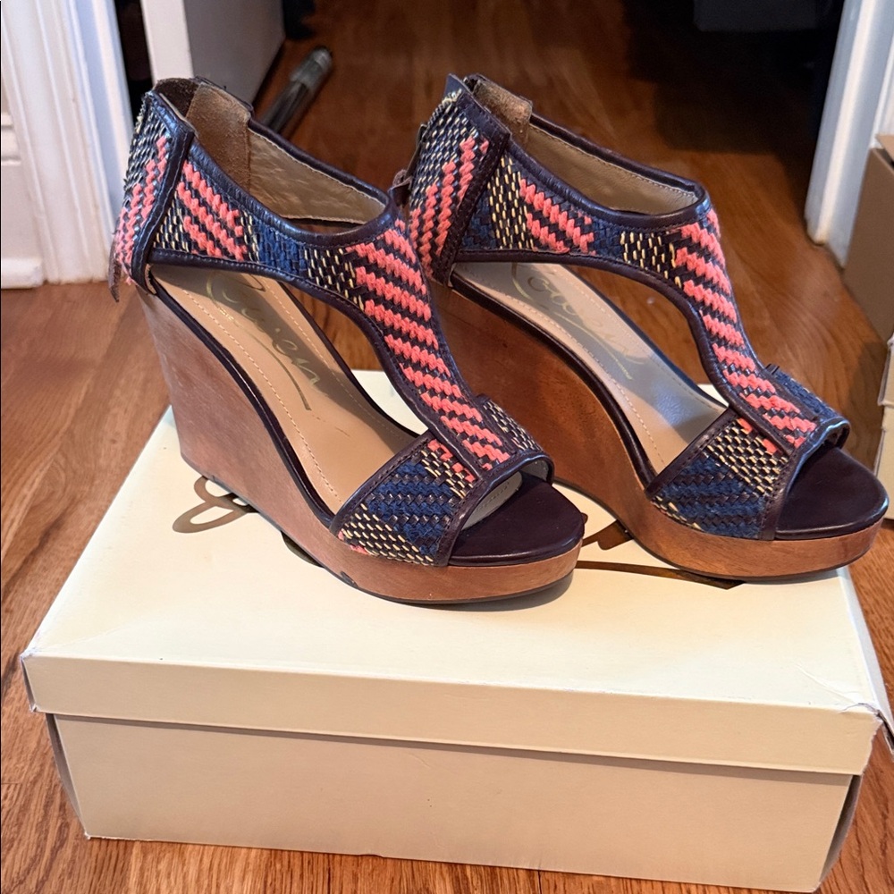 Rowen Coral and Navy Woven T-Strap Wedges